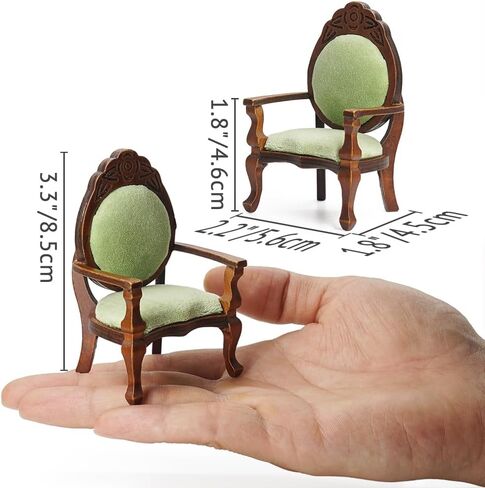 كراسي مصغرة ذات كرسي بذراعين من Odoria Dollhouse: كرسي بلكنة بمقياس 1/12 لغرفة المعيشة الفيكتورية العتيقة - مقعد صالة صغير فاخر - أثاث خشبي صغير باللون الأخضر العتيق قطعتان in Kuwait