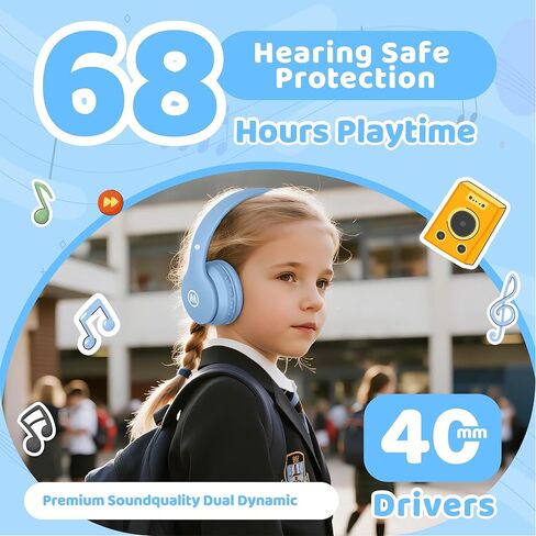 Mokata Headphones Kids Bluetooth 5.4 Wireless Play Time 68H Safe Volume Limit 85/94dB Over-Ear Foldable Headset,Fast Charging,with Aux Cord Built-in Mic for Toddler Child Pad Study Tablet Blue in Kuwait