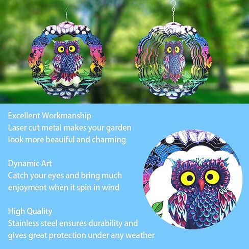 Owl Wind Spinner, 3D Kinetic Art with Sparkling Glitter, 12 Inch Multi-Layer Stainless Steel Garden Decor, Weatherproof Yard Spinner for Patio, Porch, Indoor Holiday Decoration in Saudi Arabia