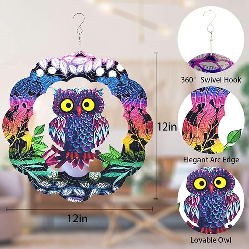 Owl Wind Spinner, 3D Kinetic Art with Sparkling Glitter, 12 Inch Multi-Layer Stainless Steel Garden Decor, Weatherproof Yard Spinner for Patio, Porch, Indoor Holiday Decoration in Saudi Arabia