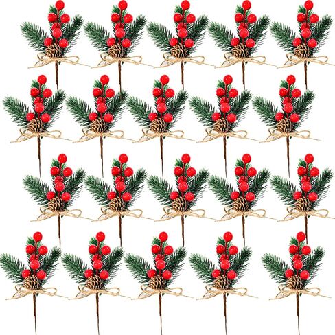 20 حزمة شجرة عيد الميلاد الاصطناعية يختار عيد الميلاد التوت الأحمر ينبع فروع الصنوبر رذاذ مع أكواز الصنوبر أوراق هولي لعيد الميلاد DIY إكليل إكليل الحلي عطلة ديكور (التوت الأحمر) in Kuwait