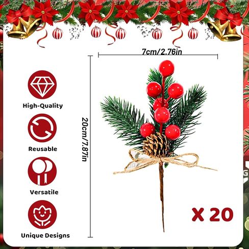 20 Pack Artificial Christmas Tree Picks Christmas Red Berries Stems Pine Branches Spray with Pinecones Holly Leaves for DIY Xmas Garland Wreath Ornaments Holiday Décor (Red Berries) in Saudi Arabia