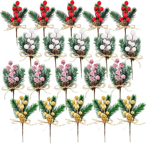 20 Pack Artificial Christmas Tree Picks Christmas Red Berries Stems Pine Branches Spray with Pinecones Holly Leaves for DIY Xmas Garland Wreath Ornaments Holiday Décor (Red Berries) in Saudi Arabia