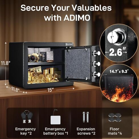 ADIMO Biometric Safe، 1.2 قدم مكعب آمن للمنزل مع لوحة مفاتيح تعمل باللمس، رف قابل للإزالة، نظام إنذار، صندوق نقود من سبائك الصلب للمستندات والمجوهرات والأشياء الثمينة في المنزل والمكتب واستخدام الفندق in Kuwait