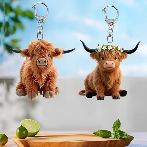 2 Pack Highland Cow Keychains, Cute Fluffy Cow Key Chain with Flower Crown, Cartoon Animal Keyring for Women Men, Funny Car Bag Purse Backpack Charm Accessory Gift/YSK-T12 in Saudi Arabia