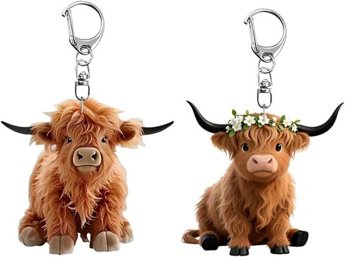 2 Pack Highland Cow Keychains, Cute Fluffy Cow Key Chain with Flower Crown, Cartoon Animal Keyring for Women Men, Funny Car Bag Purse Backpack Charm Accessory Gift/YSK-T12 in Saudi Arabia