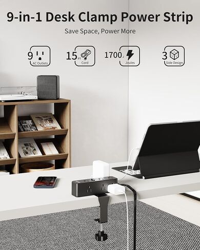Desk Clamp Power Strip, Desktop Edge Mount Surge Protector with 9 Outlets 4 USB Ports (2 USB C), 10 Ft Flat Plug Extension Cord, Tabletop Charging Station for Home Office, Black in Kuwait