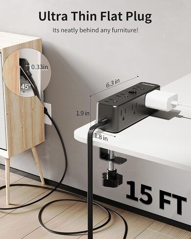 Desk Clamp Power Strip, Desktop Edge Mount Surge Protector with 9 Outlets 4 USB Ports (2 USB C), 10 Ft Flat Plug Extension Cord, Tabletop Charging Station for Home Office, Black in Kuwait