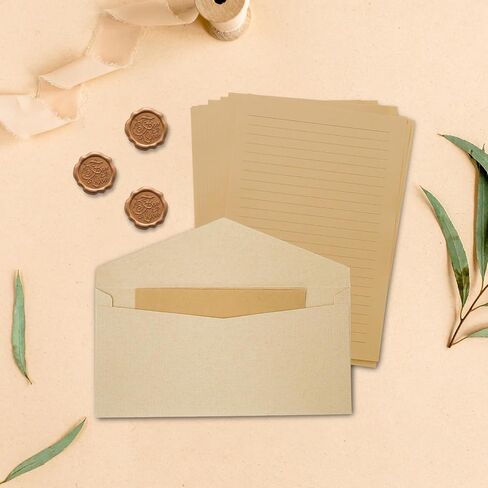 10 Letter Writing Paper and 3 Textured Envelopes Set with 3 Wax Seal Sticker for Wedding, Invitations, Graduation (Beige) in Saudi Arabia