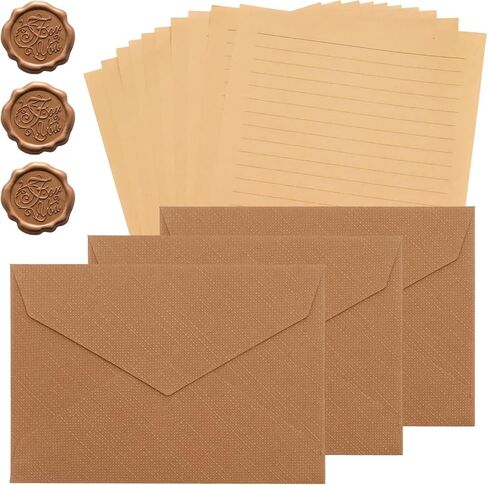 10 Letter Writing Paper and 3 Textured Envelopes Set with 3 Wax Seal Sticker for Wedding, Invitations, Graduation (Beige) in Saudi Arabia
