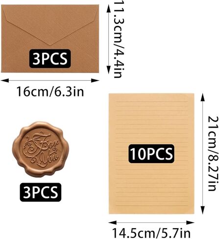 10 Letter Writing Paper and 3 Textured Envelopes Set with 3 Wax Seal Sticker for Wedding, Invitations, Graduation (Beige) in Saudi Arabia