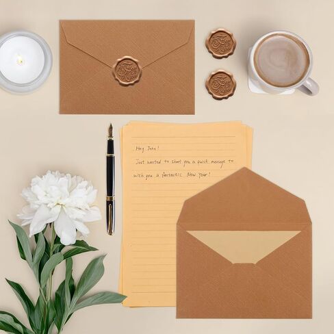 10 Letter Writing Paper and 3 Textured Envelopes Set with 3 Wax Seal Sticker for Wedding, Invitations, Graduation (Beige) in Saudi Arabia