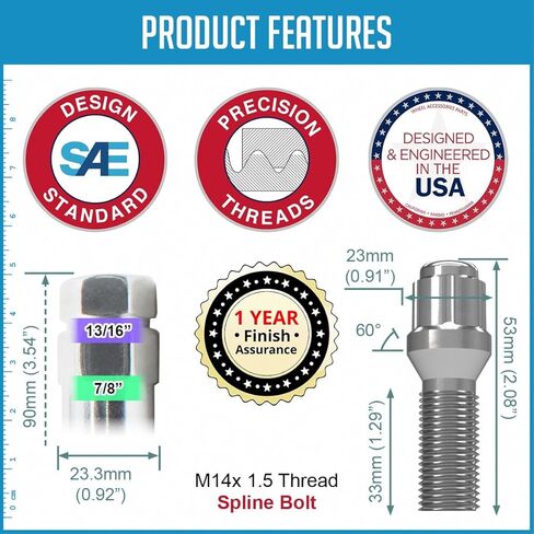 Wheel Accessories Parts Set of 20 Chrome 14x1.5 Lug Bolts Locking Spline Conical Seat with 33 mm Shank Length Small Diameter Lug Bolt with Dual Hex Key for Aftermarket Wheels (33mm, Chrome, M14x1.50) in Saudi Arabia
