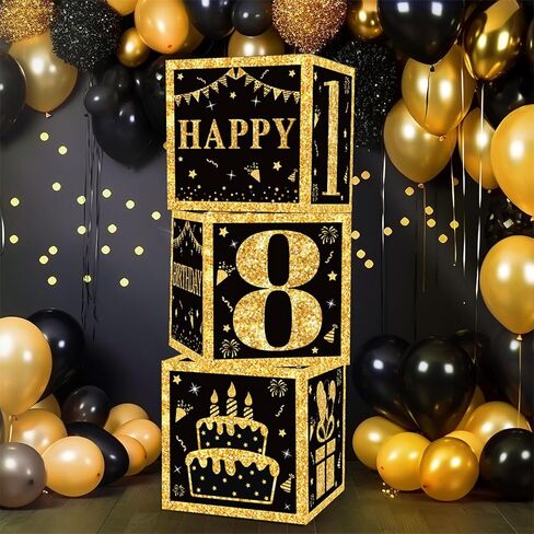 صناديق زينة عيد الميلاد الثامن عشر للرجال أو الصبي - 3 قطع من صناديق بالونات عيد الميلاد الثامن عشر للبالغين من الذهب الأسود، لوازم الحفلات بعمر 18 عامًا للرجال والأولاد in Kuwait