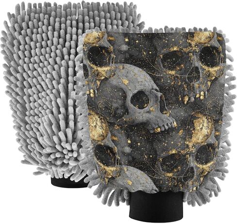 AIXIWAWA Golden Black Skull Print Car Wash Mitt Washing Glove Scratch Free Water Absorbent 2 Pack Medium in Saudi Arabia