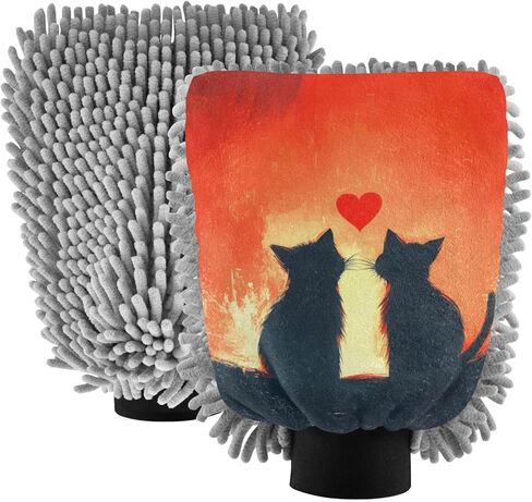 AIXIWAWA Car Wash Mitt Washing Glove Cat Love Silhouettes Print Scratch Free Water Absorbent 2 Pack Medium in Saudi Arabia