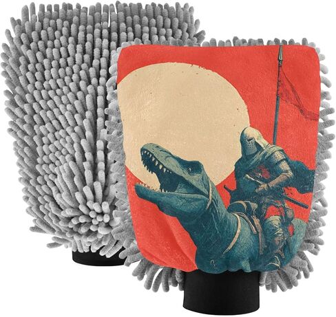 AIXIWAWA Knight Dinosaur Print Car Wash Mitt Washing Glove Scratch Free Water Absorbent 2 Pack Medium in Saudi Arabia