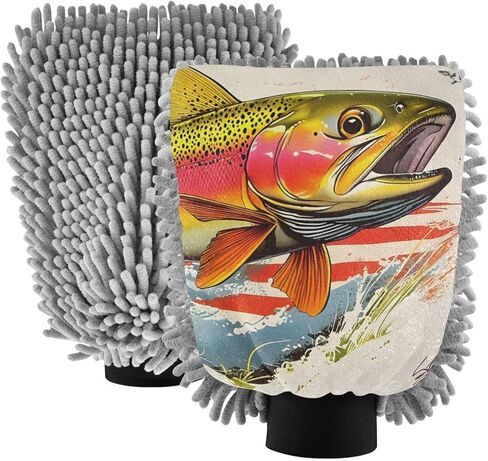 AIXIWAWA Trout USA Print Car Wash Mitt Washing Glove Scratch Free Water Absorbent 2 Pack Large in Saudi Arabia