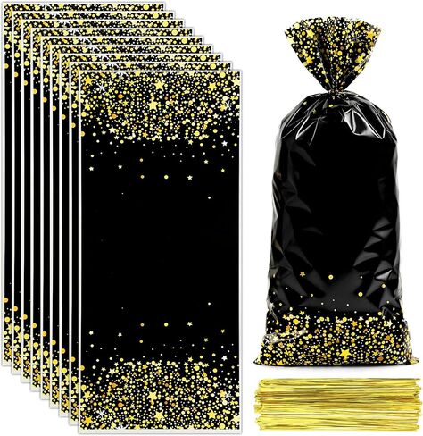Black Gold Party Favor Bags, 100 PCS Black Gold Treat Bags, Plastic Star Dot Candy Cookie Goodie Gift Bag Holiday Snack Treat Bag with Gold Twist Tie for New Year Birthday Wedding Party Favor Supplies in Kuwait