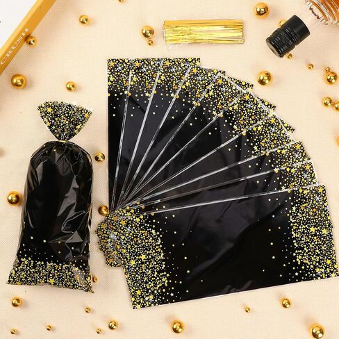 Black Gold Party Favor Bags, 100 PCS Black Gold Treat Bags, Plastic Star Dot Candy Cookie Goodie Gift Bag Holiday Snack Treat Bag with Gold Twist Tie for New Year Birthday Wedding Party Favor Supplies in Kuwait