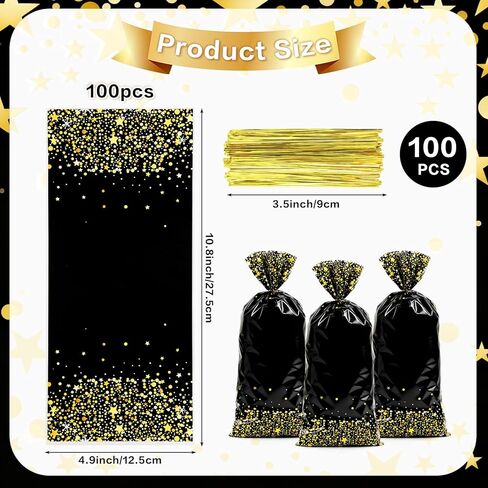 Black Gold Party Favor Bags, 100 PCS Black Gold Treat Bags, Plastic Star Dot Candy Cookie Goodie Gift Bag Holiday Snack Treat Bag with Gold Twist Tie for New Year Birthday Wedding Party Favor Supplies in Kuwait