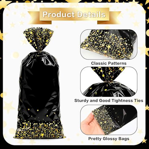 Black Gold Party Favor Bags, 100 PCS Black Gold Treat Bags, Plastic Star Dot Candy Cookie Goodie Gift Bag Holiday Snack Treat Bag with Gold Twist Tie for New Year Birthday Wedding Party Favor Supplies in Kuwait