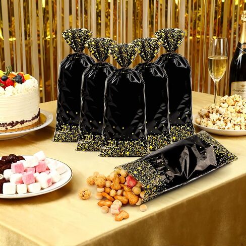Black Gold Party Favor Bags, 100 PCS Black Gold Treat Bags, Plastic Star Dot Candy Cookie Goodie Gift Bag Holiday Snack Treat Bag with Gold Twist Tie for New Year Birthday Wedding Party Favor Supplies in Kuwait