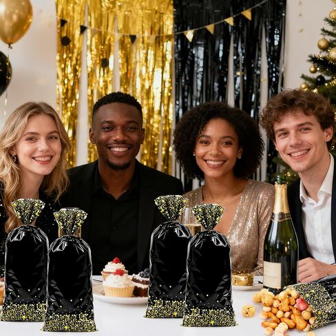 Black Gold Party Favor Bags, 100 PCS Black Gold Treat Bags, Plastic Star Dot Candy Cookie Goodie Gift Bag Holiday Snack Treat Bag with Gold Twist Tie for New Year Birthday Wedding Party Favor Supplies in Kuwait