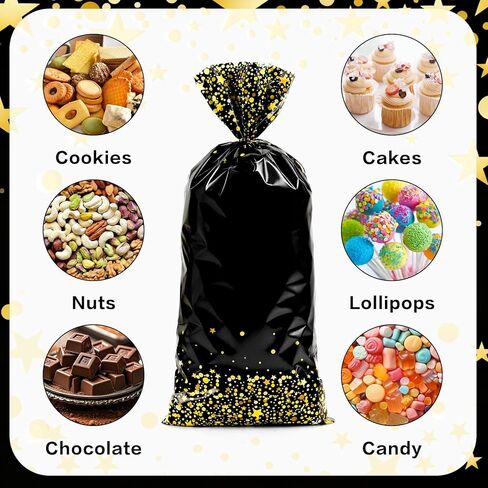 Black Gold Party Favor Bags, 100 PCS Black Gold Treat Bags, Plastic Star Dot Candy Cookie Goodie Gift Bag Holiday Snack Treat Bag with Gold Twist Tie for New Year Birthday Wedding Party Favor Supplies in Kuwait