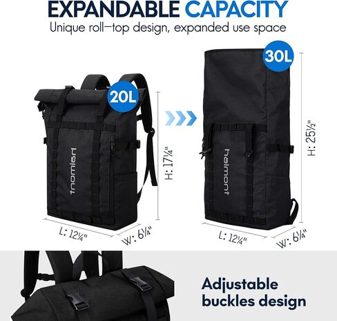 Haimont Rolltop Backpack for Men Women Water-Resistant Carry on Travel Backpack Casual Daypack with Laptop Compartment for Work Trip Hiking, 20L, Black in Saudi Arabia