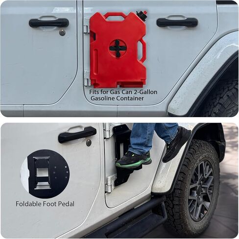 FinFox 2-in-1 قابلة للطي الباب المفصلي خطوة القدم متوافقة مع 2007-2024 Jeep Wrangler JK JL JT & Gladiator، دعامة تثبيت بمفصلة باب الوقود تناسب حاوية الغاز سعة 2 جالون (يسار) in Kuwait