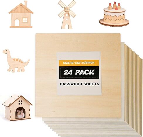 Basswood Sheets 12x12 in, 1/8 Inch Thick 24 Pack Unfinished Square Wood Boards for Laser Cutting, Wood Burning, Engraving, Painting, DIY Crafts, Model Making, CNC, and Architectural Projects in Saudi Arabia