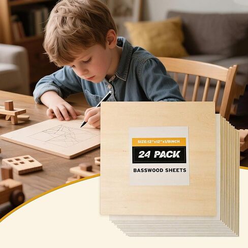 Basswood Sheets 12x12 in, 1/8 Inch Thick 24 Pack Unfinished Square Wood Boards for Laser Cutting, Wood Burning, Engraving, Painting, DIY Crafts, Model Making, CNC, and Architectural Projects in Saudi Arabia
