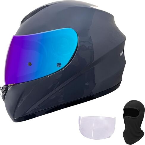 KRN Full Face Motorcycle Motorbike Helmet with Color Visor DOT Approved- Helmet & Balaclava & Clear Visor Gloss Gray in Kuwait