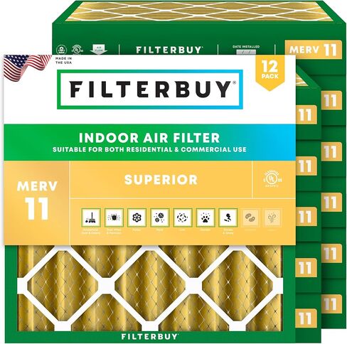 Filterbuy 12x24x1 فلتر هواء MERV 11 دفاع عن الحساسية (12 حزمة)، استبدال مرشحات هواء فرن HVAC AC المطوية (الحجم الفعلي: 11.50 × 23.50 × 0.75 بوصة) in Kuwait