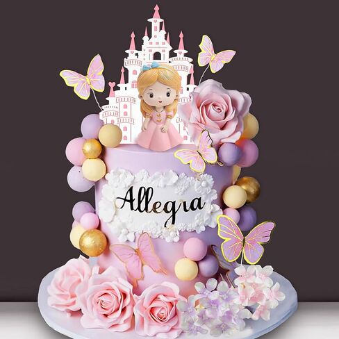39 PCS Princess Cake Topper Castle Cake Decoration with Butterflies Artificial Flowers and Balls for Princess Birthday Supplies (Pink and Purple) in Saudi Arabia