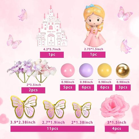 39 PCS Princess Cake Topper Castle Cake Decoration with Butterflies Artificial Flowers and Balls for Princess Birthday Supplies (Pink and Purple) in Saudi Arabia