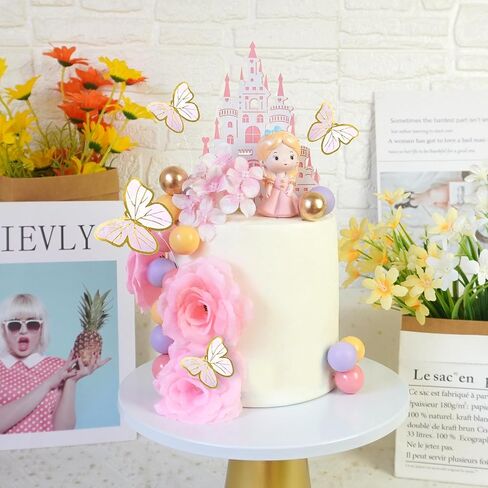 39 PCS Princess Cake Topper Castle Cake Decoration with Butterflies Artificial Flowers and Balls for Princess Birthday Supplies (Pink and Purple) in Saudi Arabia