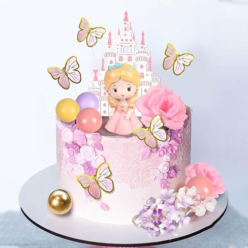 39 PCS Princess Cake Topper Castle Cake Decoration with Butterflies Artificial Flowers and Balls for Princess Birthday Supplies (Pink and Purple) in Saudi Arabia