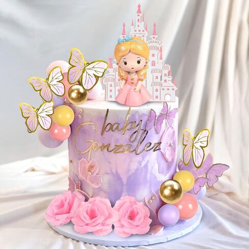 39 PCS Princess Cake Topper Castle Cake Decoration with Butterflies Artificial Flowers and Balls for Princess Birthday Supplies (Pink and Purple) in Saudi Arabia