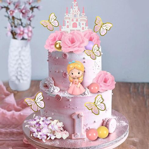 39 PCS Princess Cake Topper Castle Cake Decoration with Butterflies Artificial Flowers and Balls for Princess Birthday Supplies (Pink and Purple) in Saudi Arabia