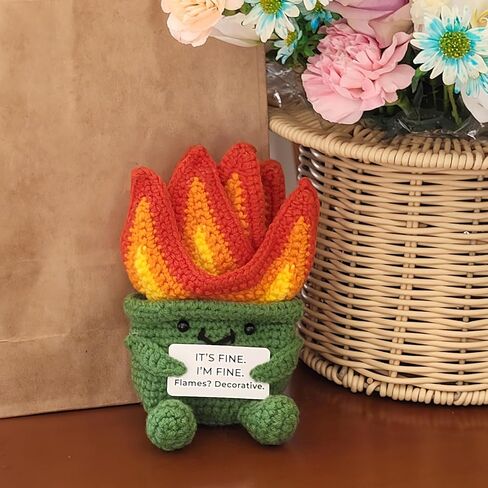 Emotional Support Dumpster Fire Crochet Plush – Funny Handmade Crochet Dumpster Fire Toy with Card, Stress Relief Desk Decor Gift for Coworkers or Friends in Saudi Arabia