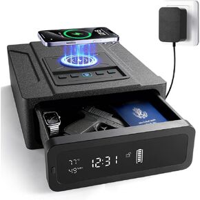 بصمة مسدس بيومترية آمنة مع شحن لاسلكي، وصول سريع آمن للمسدس مع باب منزلق تلقائي، حقيبة مسدس مع منبه رقمي 24/7 وإضاءة LED للمنزل، أسود in Kuwait