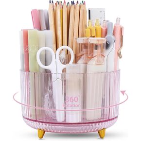 SKYDUE Rotating Pencil Pen Holder, Pen Organizer with 5 Slots - Aesthetic Desk Organizer and Accessories for School, Home, Office Supplies, Clear Pink in Saudi Arabia