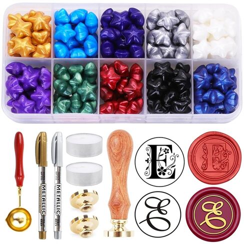 Wax Seal Kits, 200pcs Multicolor Wax Seal Beads and 2pcs Initial Alphabet E WaxSeal Stamp for Wedding Invitations Gift Wraps Envelopes and Christmas Cards (Alphabet E Kit) in Saudi Arabia