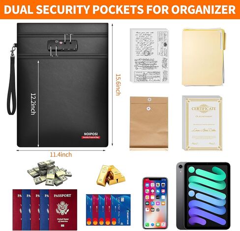 Noiposi 6400℉ Fireproof Document Bag with Lock,Dual-Zip Compartments 15x11 inch Fireproof Bag for Legal Letter Documents,12 Layers Heat Insulated Fireproof Waterproof Document Bag for Valuables in Saudi Arabia
