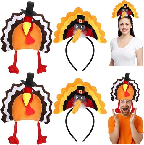 Geyoga 4 Pcs Thanksgiving Turkey Hat and Headbands Plush Turkey Cap Hair Accessories for Woman Man Thanksgiving Party Favors in Saudi Arabia