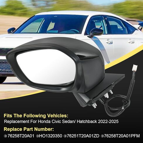 Door Mirror Left Driver Side Replacement For Honda Civic Sedan Hatchback 2022 2023 2024 2025, Replace HO1320351 Black 7Pins in Saudi Arabia