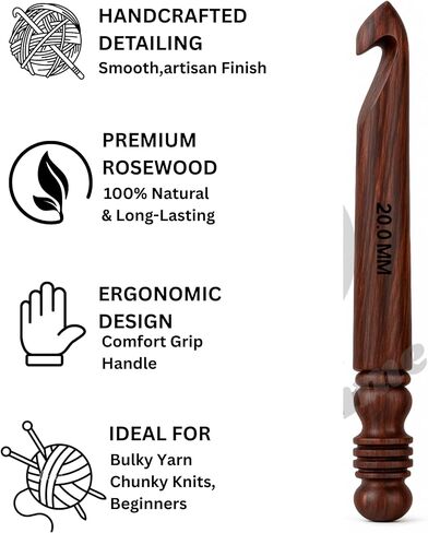 Prime Art Wooden Crochet Hooks – Handmade Rosewood Set of 3 (15mm, 20mm, 25mm) or Singles – Jumbo Natural Finish Hooks for Chunky Yarn (Rosewood, 25mm) in Kuwait