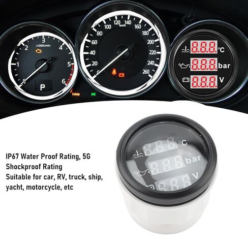3 in 1 Instrument Sensor Kit, Engine Coolant Temperature Oil Pressure Meter Battery Voltmeter, Professional Triple Gauge Set for Car Boat 52mm Digital Display Backlight (Black Dial Silver in Saudi Arabia